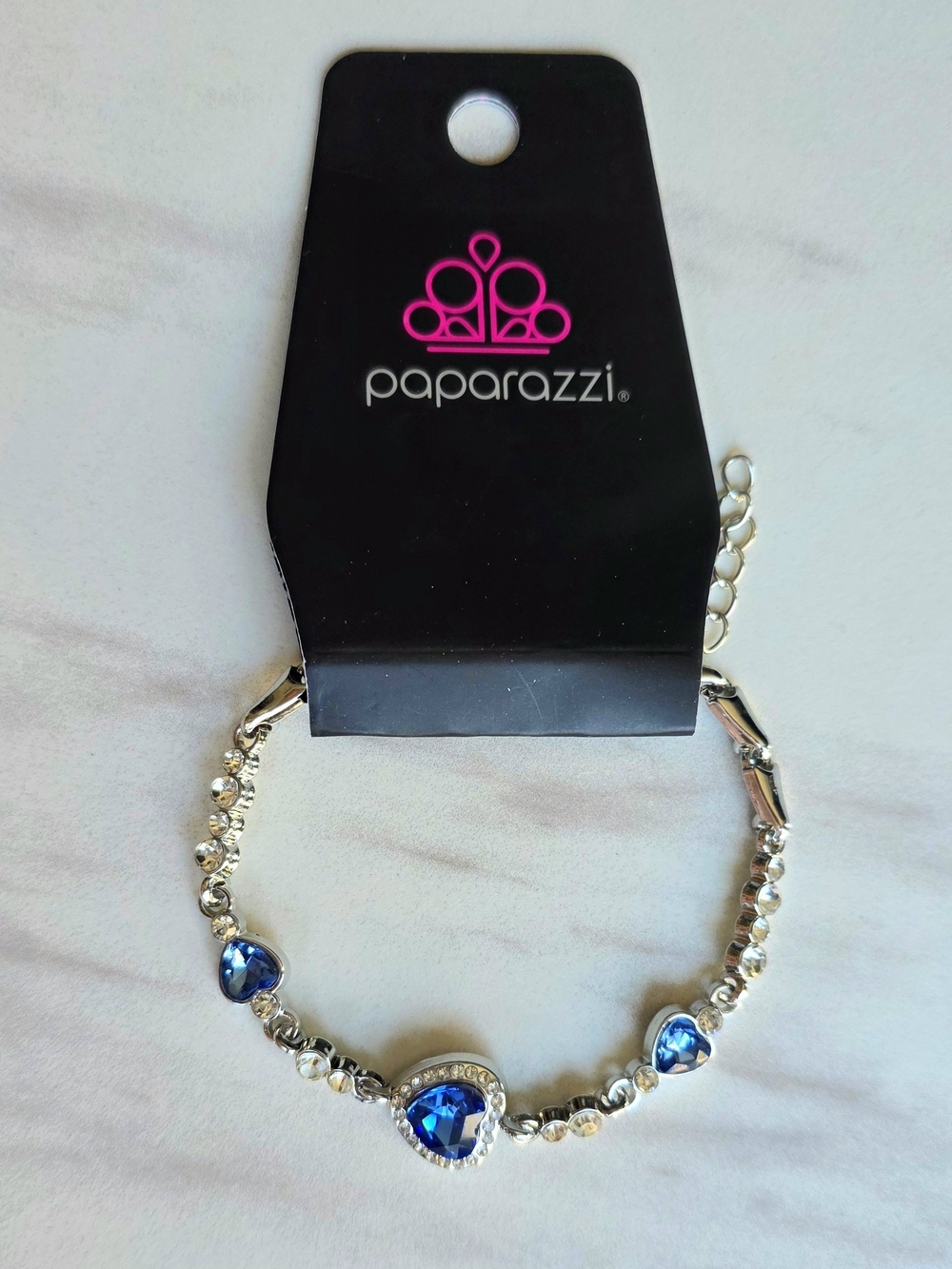 Paparazzi Silver Bracelet with Blue Heart Crystals 8"